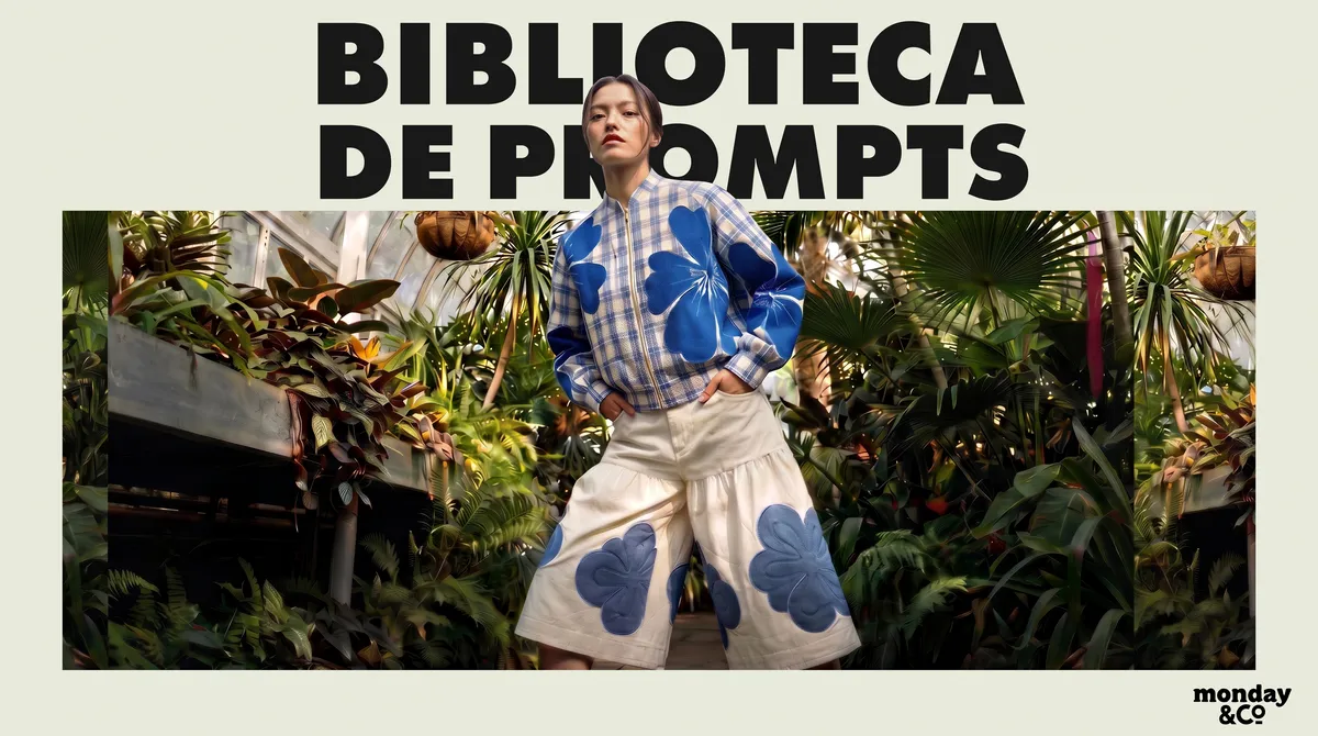 Biblioteca de Prompts: a model in a checked jacket and shorts with blue flower appliqués, in a greenhouse.